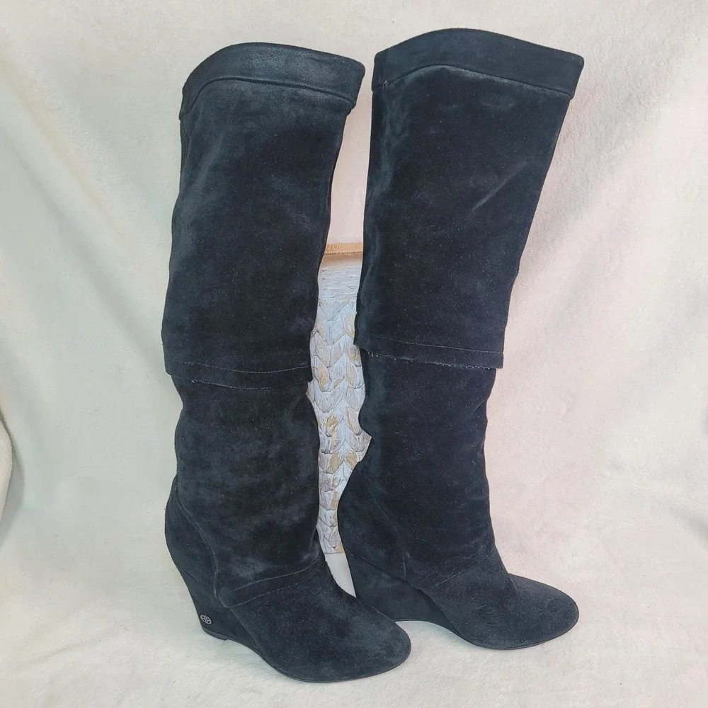 Tory Burch Y2K Black Suede Wedge High Boots‎ Designer Office Whimsigoth Size 7